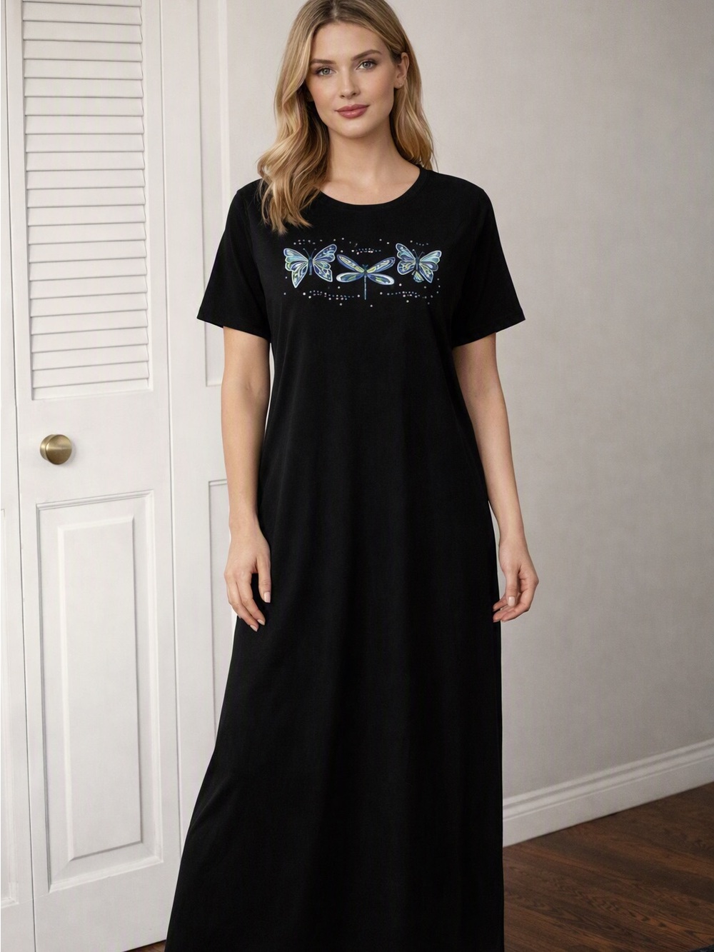 Quacker Factory Black Maxi Dress with Blue Butterfly Embellishments